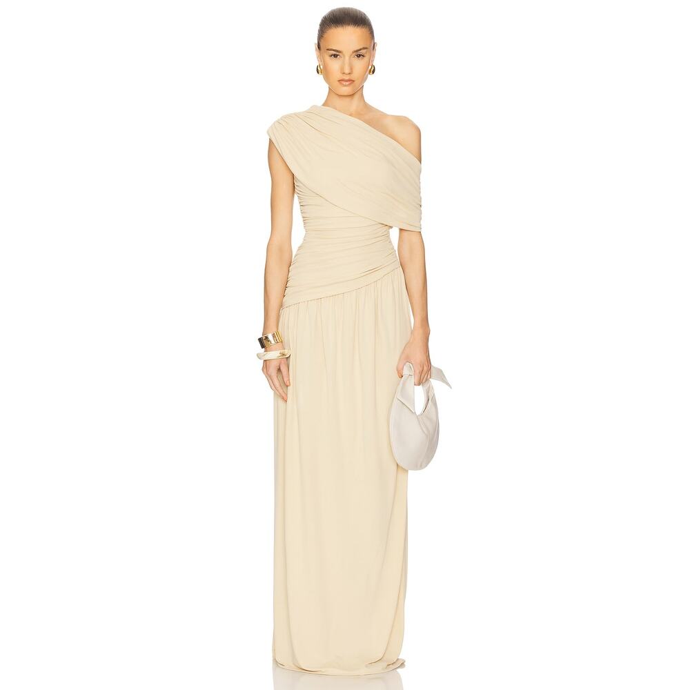 Helsa The Apolla Jersey Dune Sand Goddess Draped Ethereal Gown NWT XS $429